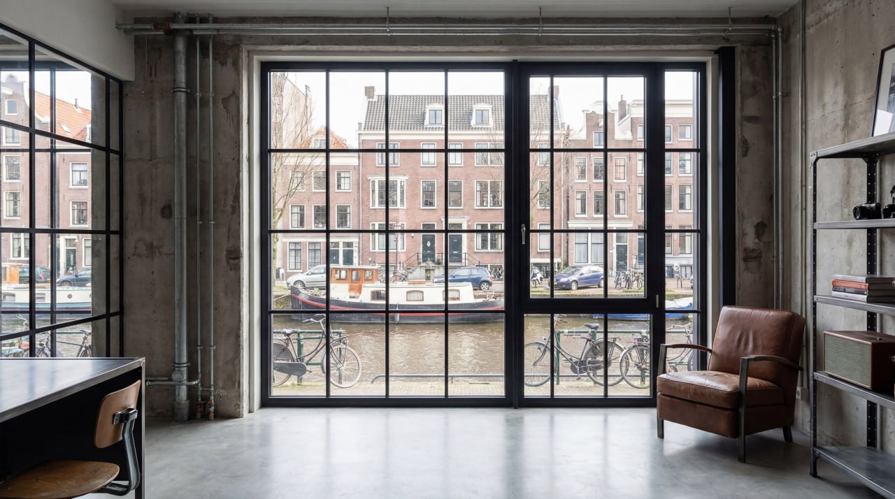 Stalen pui met uitzicht op gracht