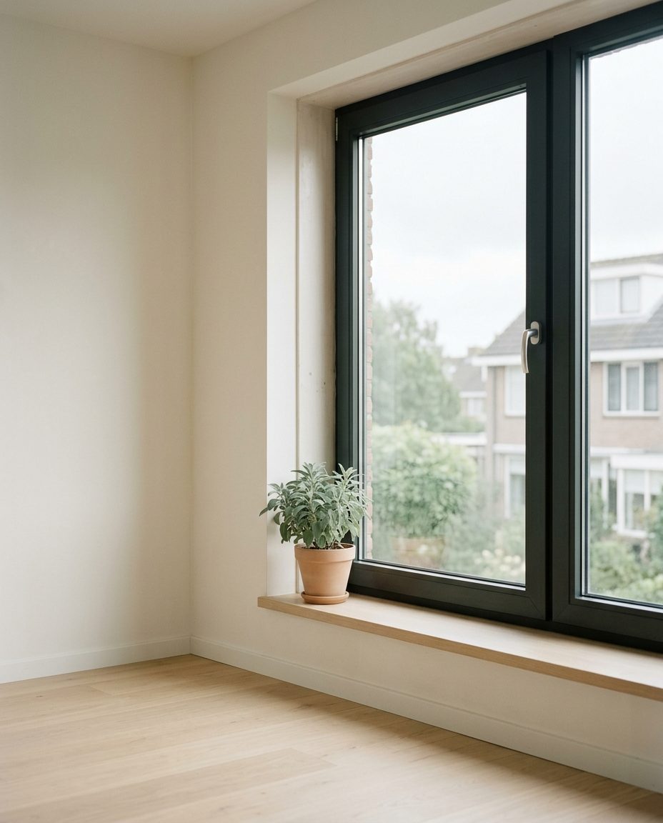 Antraciet kunststof kozijn met smalle profielen in een lichte woonkamer