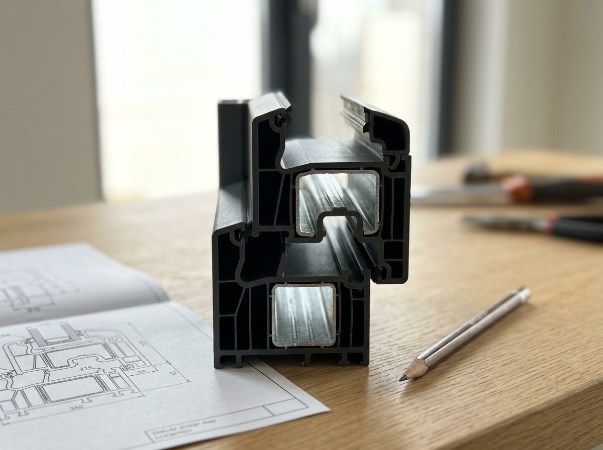 Doorsnede van een meerkamer kunststof profiel met staalversterking