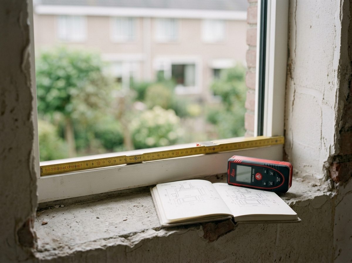Handen meten een raamopening in met een lasermeter en duimstok