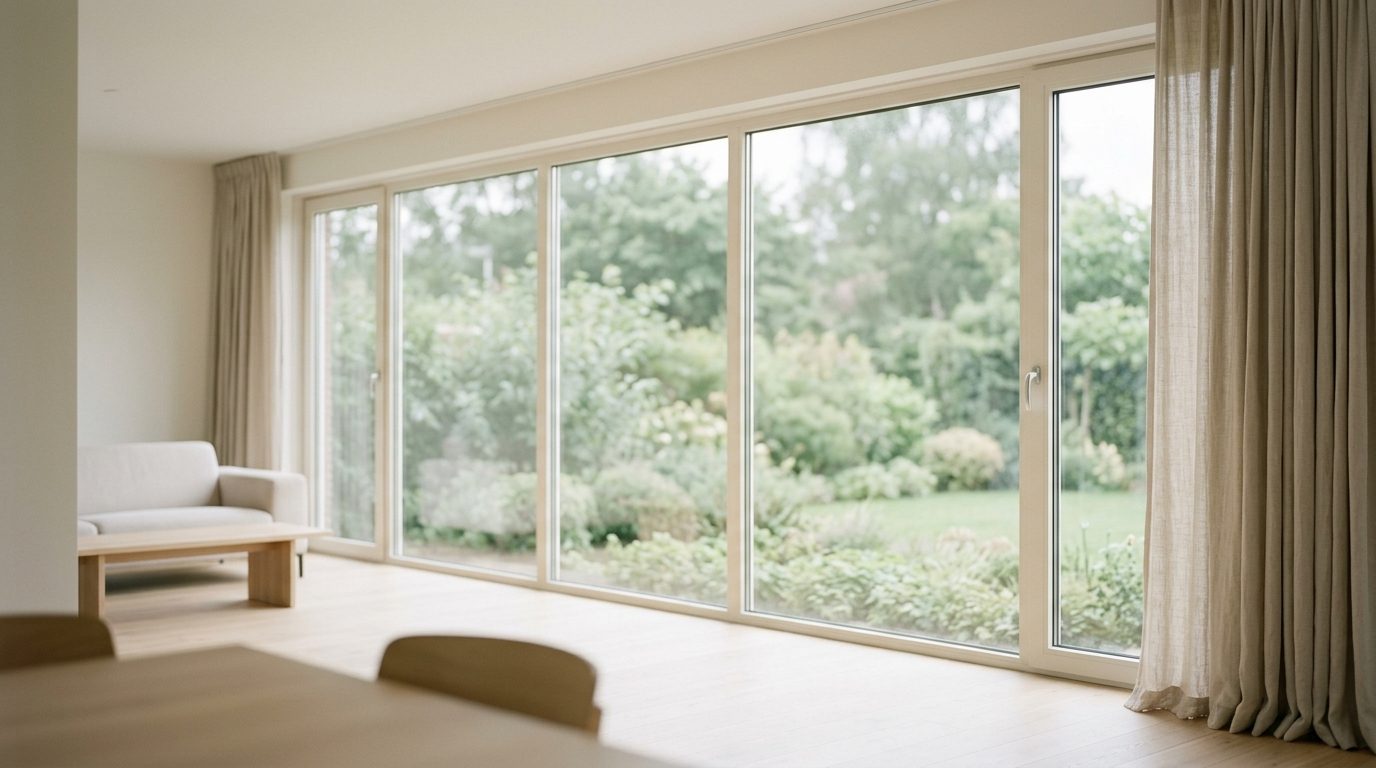 Lichte woonkamer met kunststof raampartij van vloer tot plafond
